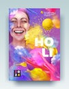 Paint splash. Holi poster. Hindu traditional holiday. Colorful dust explosion splatter. Gulal powder balls blast. Woman