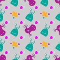 Paint splashes and multicolored Funny cartoon monsters alien or bacterium seamless pattern