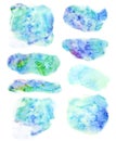 Paint splat stain blot spots splashes set collection isolated on white background. Bright vivid blue objects. Watercolor Royalty Free Stock Photo