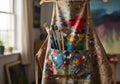 A paint-splattered apron holds several paintbrushes in its front Royalty Free Stock Photo