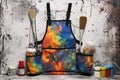 paint-splattered artist apron with paint cans nearby