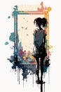 Paint splattered Girl on a window with city view at night, vector illustration