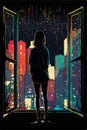 Paint splattered Girl on a window with city view at night, vector illustration