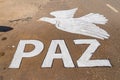 Paint on the street of a white dove during Corpus Christi