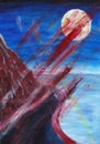 paint strokes on a painting of a cliff view at night under the moonlight. Royalty Free Stock Photo