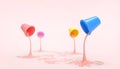 Paint tanks Pink ,Blue,Yellow,Purple and Pink Color droplets on the floor and modern and minimalist artwork in a Pink background Royalty Free Stock Photo