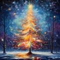 Paint, watercolor Christmas tree glowing in the middle of the night. Xmas tree as a symbol of Christmas of the birth of the Savior