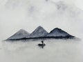 Watercolor fishing boat and island with mountains fog birds flying in the sky. traditional oriental. asia art style