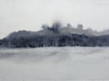 Watercolor painting ink landscape mountain reflect river in the fog.