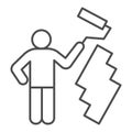Paint and worker man thin line icon. Painter with roller painting wall symbol, outline style pictogram on white Royalty Free Stock Photo