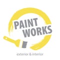 Paint Works Logo. Brush stroke yellow paint and gray text. Exterior and interior. Concept for home decoration, building .