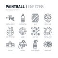 Paintball game line icons. Outdoor sport equipment, paint