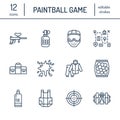 Paintball game line icons. Outdoor sport equipment, paint ball marker, uniform, mask, chest protection. Extreme leisure Royalty Free Stock Photo