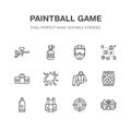 Paintball game vector flat line icons. Outdoor sport equipment, paint ball marker, uniform, mask, chest protection Royalty Free Stock Photo