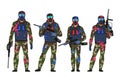 Paintball players set in standing position isolated on white. Men in dirty military camouflage and protective blue masks
