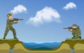 Paintball players shooting in each other on two sides of river banner. Extreme sport vector illustration. Two man taking