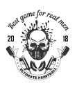 Paintball sport club with best game for real men slogan monochrome logotype.