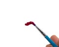 a paintbrush with blue handle makes a smear of dark red paint on a white background Royalty Free Stock Photo