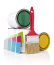 Paintbrush,color swatch and paint cans