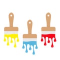 Paintbrush icon set. Blue, yellow, red color drops. Flowing down dripping paint. Flat design Decoration element. White background.