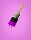 Paintbrush loaded with purple color dripping off the bristles.