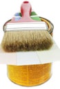 Paintbrush, paint can and color swatch Royalty Free Stock Photo