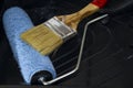 Paintbrush and roller paint on the tray Royalty Free Stock Photo