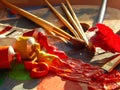 Paintbrushes, artist palette, oil paints on desk in painter studio