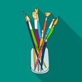 Paintbrushes for painting in the jar icon in flat style isolated on white background. Artist and drawing symbol stock