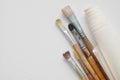 Paintbrushes and roll of artist canvas on white canvas background. Royalty Free Stock Photo