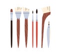 Paintbrushes set. Different paint brushes types. Thin and thick painting tools for drawing, wash, angled, liner art
