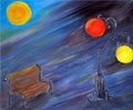 Painted abstract night city with bench and lamps