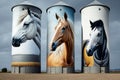 Painted artwork of horses on country grain storage silos, generative Ai
