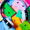 Painted audio cassettes and blue headphones on pink background, copy space, top view. Retro musical background Royalty Free Stock Photo