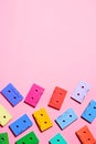 Painted audio cassettes on pastel pink background, copy space, top view. Retro musical background Royalty Free Stock Photo