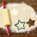 Painted baking background: dough, rolling pin, cookie cutters