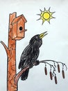 Painted bid and his nesting-box Royalty Free Stock Photo