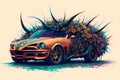 Painted biopunk power car with demonic horns and spikes, internal gear shown, ornated with flowers. AI generated
