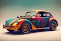 Painted biopunk retro car with gears mechanis shown outside, AI generated