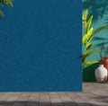 Painted blue and green wall with green tropical leaves, sunlight with shadows and flower pot. Summer, spring background.