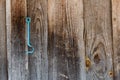 Painted blue lock hook hanging on the old brown wooden door. Royalty Free Stock Photo