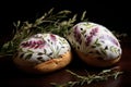 Painted bread close up decorated with flowers. Freshly baked handmade sourdough bread