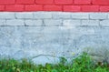 Painted brick wall with green grass at the bottom. Background. Empty space for text Royalty Free Stock Photo