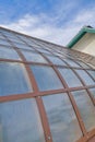 Painted brown grids and fiber glass roof structure of a greenhouse at Tucson, Arizona