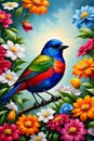A Painted bunting bird perched on a branch, surrounded by the explosion of colorful flowers, bold painting art