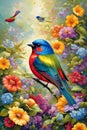 A painted bunting bird surrounded, be an explosion of colorful flowers, bold painting art