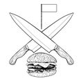 painted burger, burger knife, great delicious sandwich, illustration, vintage style