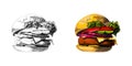 Painted burger, great delicious sandwich, illustration,