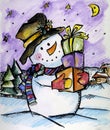 Painted card `Snowman with gift` Royalty Free Stock Photo