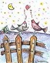 Painted card `Two love birds` Royalty Free Stock Photo